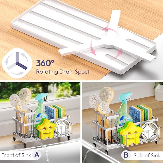 SWTYMIKI Sink Caddy Sponge Holder - Large Sponge Holder for Kitchen Sink with 360°Auto-Drain Tray, Rustproof Stainless Steel Kitchen Organizer Caddy for Countertop Organization - Image 2
