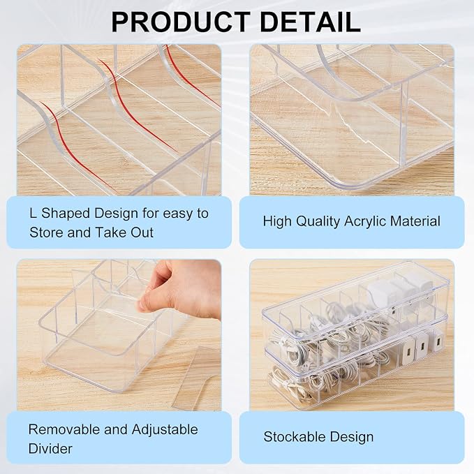 Tatuo 4 Pcs Cord Organizer for Drawer Desktop, Cable Organizer Box with 8 Compartments and Wire Ties, Plastic Charger Storage with Lid, Electronics Case for Home Office Accessories (Small,Clear) - Image 3