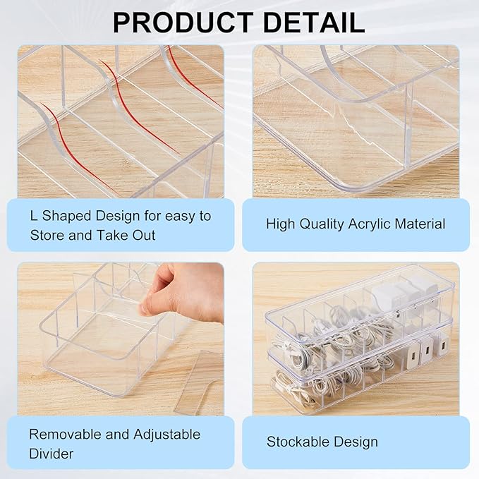 Tatuo 8 Pcs Cord Organizer for Drawer Desktop, Cable Organizer Box with 8 Compartments and Wire Ties, Plastic Charger Storage with Lid, Electronics Case for Home Office Accessories (Small,Clear) - Image 3