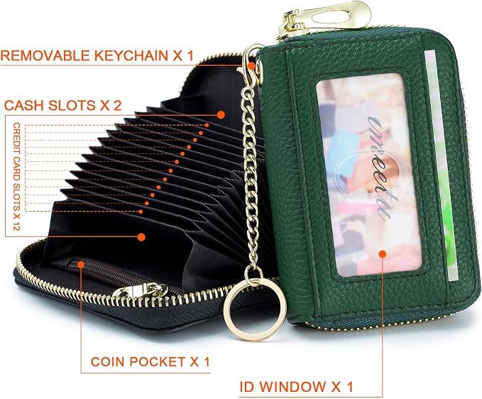 imeetu RFID Credit Card Holder, Small Card Wallet Women, Leather Card Case | Genuine Leather Women's Card & id Cases, Change Coin Purse with Zipper Keychain id Window, 20 Colors & 3 Styles, Daily, Gifts - Image 3