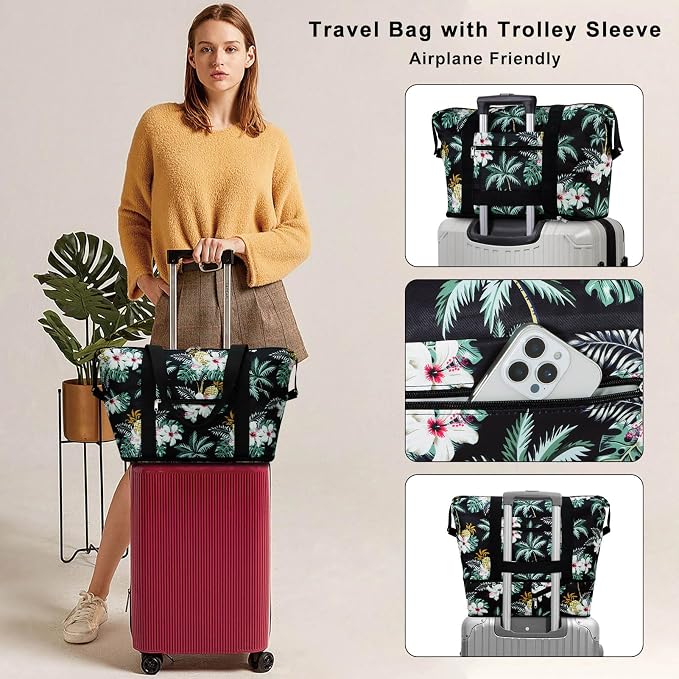 Expandable Duffel Bag for Women with Trolley Sleeve/Wet Pocket Weekender Travel Tote Large Carry On Overnight Luggage - Image 2