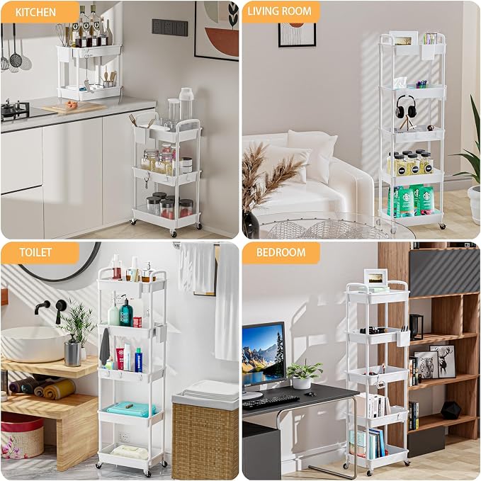 5 Tier Rolling Utility Cart with Handle,REBECAT Utility Cart Made of Multifunctional Storage Organizer Tool for Kitchen,Bathroom,Living Room,Office(White) - Image 6