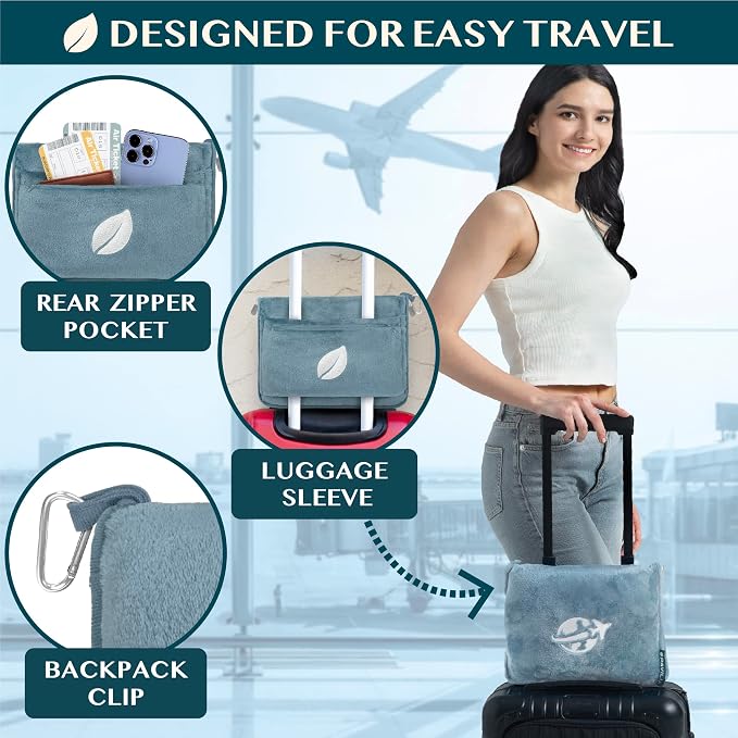 PAVILIA Travel Blanket and Pillow, Arms Opening Airplane Blankets for Adults, Compact Plane Blanket with Arm Hole 2-in-1 Bag for Flight Car Camping Fit in Luggage Backpack Traveler Gift, Blue - Image 4