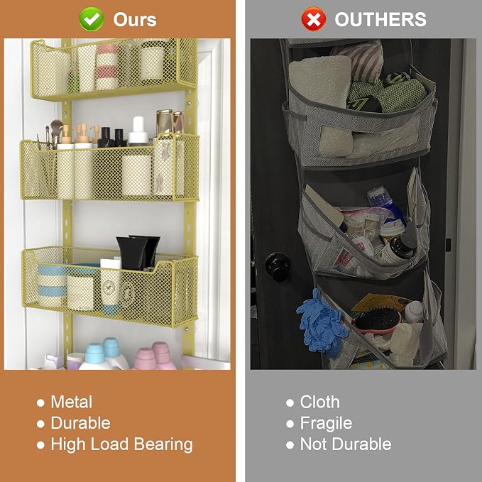 VyGrow Over The Door Organizer, Metal Door Organizer Hanging with 5 Adjustable Baskets and Coat Hook, Behind The Door Storage for Bedroom Closet Bathroom Pantry Cabinet Kitchen, Gold - Image 6