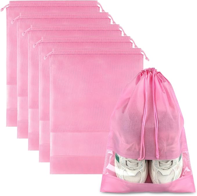 Pink Travel Shoe Bags - 5 Pcs Non-Woven Packing Bags with Clear Window | 15.7" x 11.8" Waterproof Dustproof Portable Travel Shoe Storage Bag for Men and Women by COIDEA
