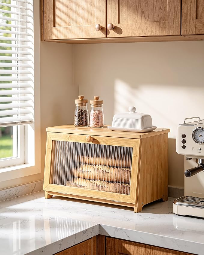 Kitsure Wooden Bread Box for Kitchen Countertop, 1-Tier, Bamboo | Large Capacity Kitchen Countertop Organizer, Stylish Bread Storage with Window, Multi-functional Container - Image 2