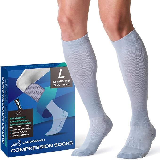 Compression Socks for Women and Men, 15-20mmHg Knee High Support Socks, Lightweight Breathable Travel and Running Socks for Flying, Training, Work and Daily Wear, S-L, 1 Pair by LANDWOVEN-SpeedRunner