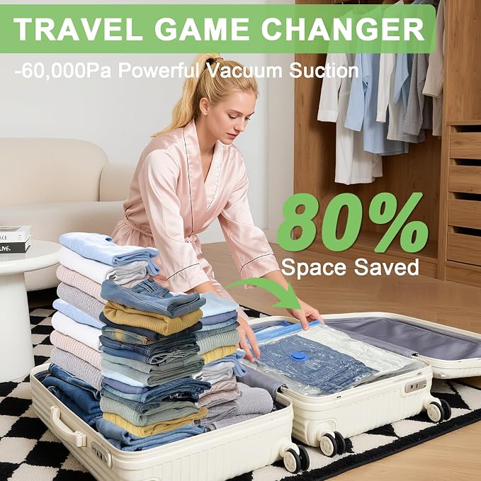 15 Pack Vacuum Seal Bags for Clothing Travel with -60000Pa USB Pump, Save 80% of Space for Clothes (15 Combo) - Image 2