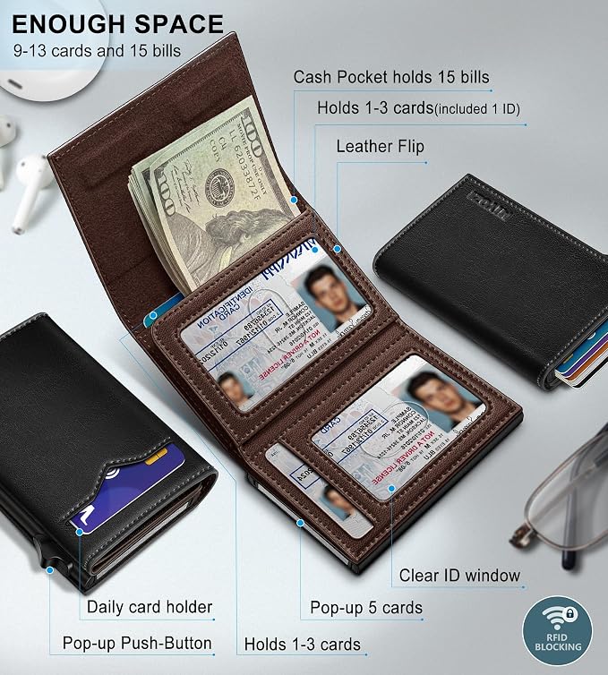 Wallet for Men,with Cash Pocket 2 ID Window 9-13 Cards,Metal Case Smart Slim Pop Up Credit Card Holder Flip with Magnetic Closure RFID Blocking Trifold wallet with Gift Box - Image 2