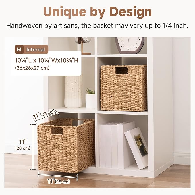 StorageWorks 11 inch Cube Storage Bins, Wicker Baskets,Storage Cube,Natural | 2-Pack, Paper Rope Baskets for Organizing, Handwoven Organizer Baskets, Foldable 11 inch Cube Storage Bins, Square Baskets - Image 3
