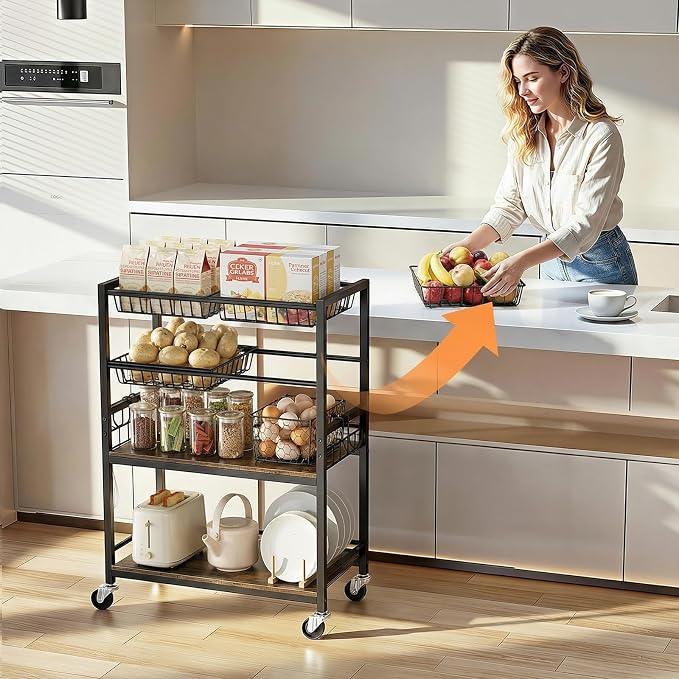 Fruit Vegetable Storage Cart, 4 Detachable Basket | 4-Tier Kitchen Rolling Storage Cart, Fruit & Vegetables Stand, Snack Organizer for Kitchen, Bathroom, Living Room - Image 4