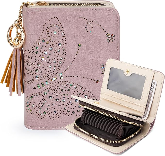 KITEVIUN Women RFID Blocking Small Bifold Wallet, Compact Cash Clutch with Zipper Coin Pocket, Glittery Butterfly Design, Credit Card Holder, Travel Purse with Tassel PURPLE by KITEVIUN
