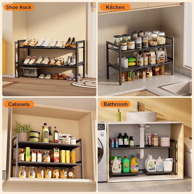 Under Sink Organizer and Storage 16.5"-30.7" Expandable Length, Adjustable Height Max 16.7" Under Sink Shelf 2 Tier with Removable ABS Panels Metal Frame for Bathroom Kitchen Pantry Cabitnet Pot Pan - Image 8