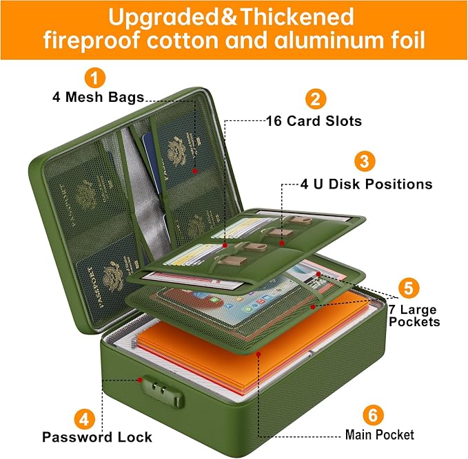 DocSafe 5200°F Fireproof Document Organizer Box with Lock, Green (Soft) | Heat Insulated 8 Layers File Protection Bag,Water-Resistant Zipper,Portable Home Office Travel Safe Storage for Files,Laptop - Image 8