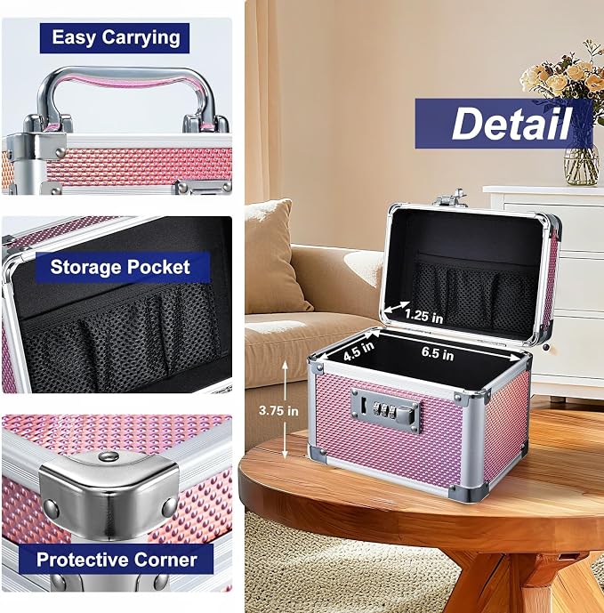 Medicine Lock Box with 3-Digit Combination Lock – Pink Lockable Storage Box for Medication, Small Lock Box for Valuables, 7" Locking Medicine Box, Lock Box for Home Travel Dorm - Image 4