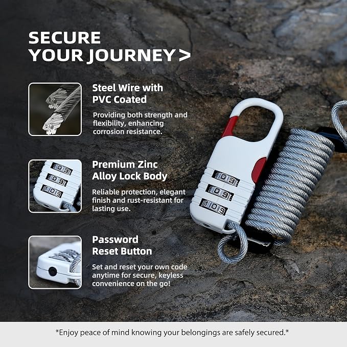 Ski Lock Cable Retractable, Small Cable Travel Locks with Combination, Mini Padlock Combination, for Luggage, Suitcases, Backpack, Snowboard, Ski Gear, Bike, Motorcycle Helmet Anti Theft - Image 3
