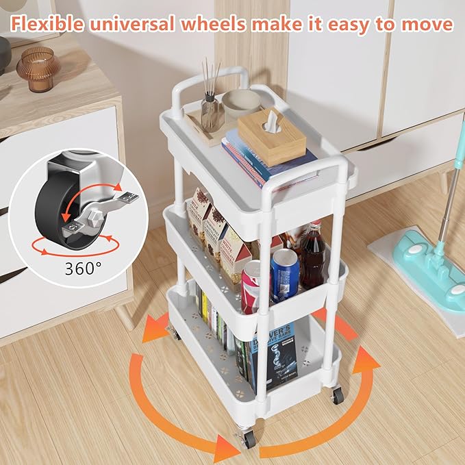 Calmootey 3-Tier Rolling Utility Cart with Drawer,Multifunctional Storage Organizer with Plastic Shelf & Metal Wheels,Storage Cart for Kitchen,Bathroom,Living Room,Office,White (Pack of 2) - Image 8