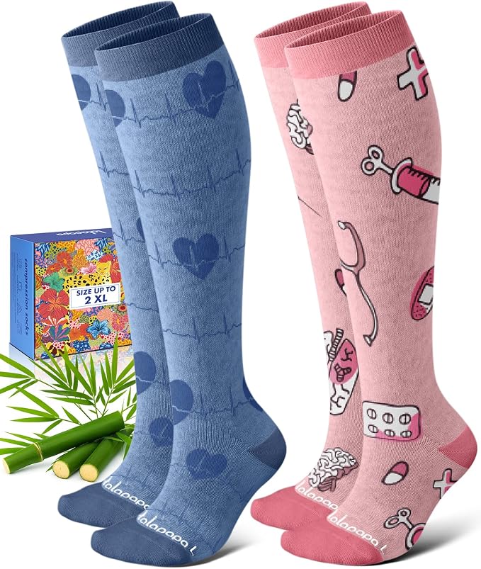 Bamboo Viscose Compression Socks for Women Men | 2 Pairs 15-20mmHg Cute Breathable Graduated Knee High Compression Socks for Nurse Pregnancy Travel by Lalapapa