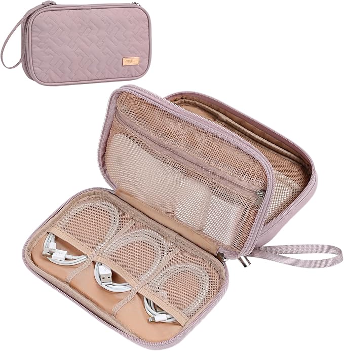 NISHEL Electronics Travel Organizer Cord Case, Charger Cable Tech Bag | Double-layer bag keeps chargers, cables, flash drive, and small tech essentials organized for trip, Medium, Peach Pink by NISHEL
