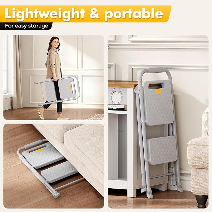 KINGRACK 2 Step Ladder, Folding Step Stool with Safety Lock & Sturdy Anti-Slip Pedals, Pass 800lbs Load Testing, Lightwegiht, Portable Steel Ladder with Handrails for Home, Kitchen, Garage, Office - Image 6