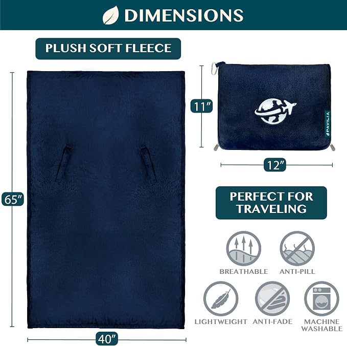 PAVILIA Travel Blanket and Pillow, Arms Opening Airplane Blankets for Adults, Compact Plane Blanket with Arm Hole 2-in-1 Bag for Flight Car Camping Fit in Luggage Backpack Traveler Gift, Navy Blue - Image 7