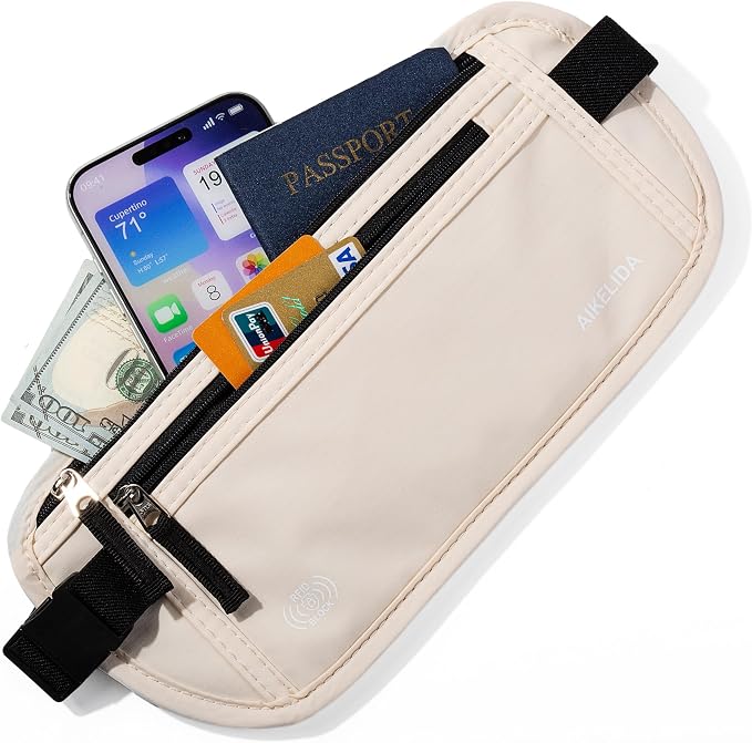 Money Belt - Slim Passport Holder RFID Blocking Travel Wallet Undercover Fanny Packs for Men Women - Beige - Image 2