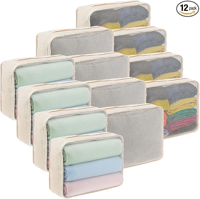 Kifmurase 12 Pcs Packing Cubes for Suitcase Travel Luggage Organizers Bulk Large Mesh Clothing Underwear Bags Foldable Laundry Bags for Hiking Camping Backpacking Clothes Accessories (Beige) by Unknown