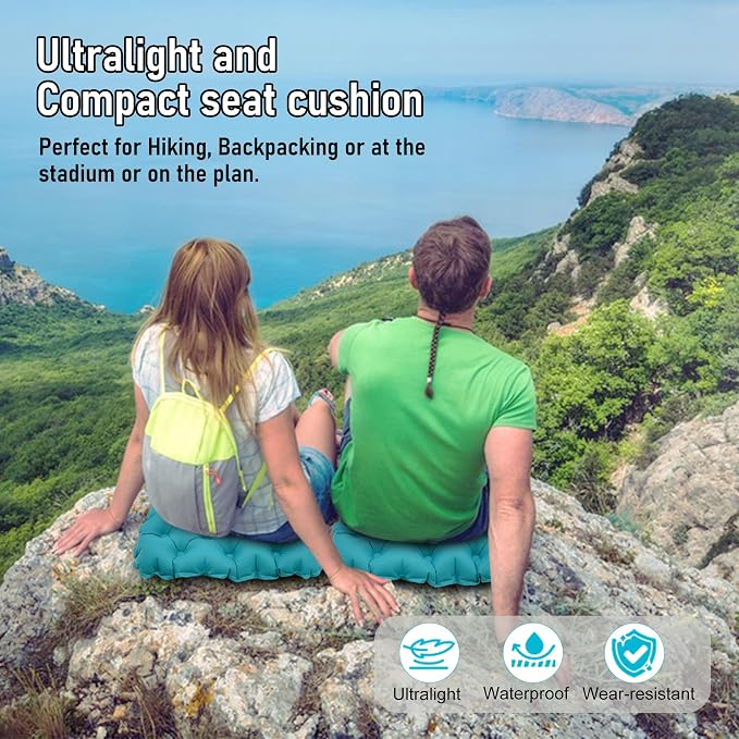 Inflatable Seat Cushion, Lightweight Stadium Seat Pad, Travel Air seat Cushion Anti-Slip for Airplane, Long Flights, Hiking, Climbing, Home and Camping, Compact Air Cushion,Peacock Blue - Image 4