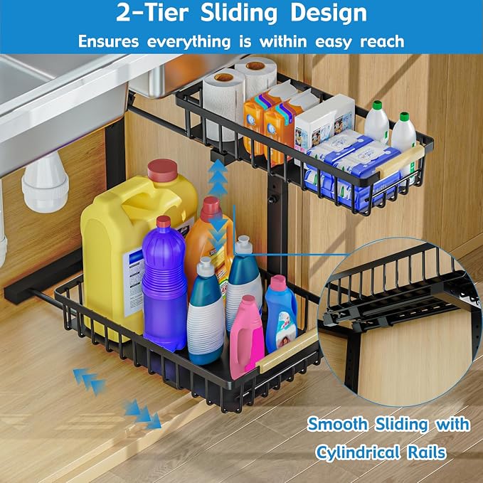 2Pcs Under Sink Organizer, 2-Tier Pull Out Under Sink Organizers and Storage, Adjustable Metal Under Cabinet Organizer Shelf, Bathroom Organizer, Sliding Out Drawer for Kitchen Pantry Black - Image 3