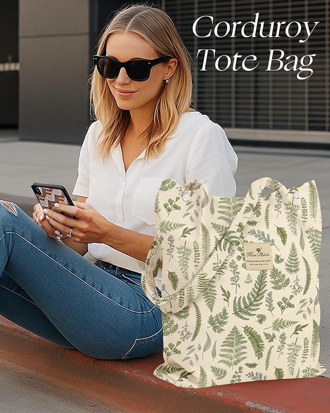 Miss Adola Corduroy Tote Bag for Women with Aesthetic Design | Magnetic Buckle & Pocket, Reusable, Soft, Roomy, Long Shoulder Handles, Double-sided Print, Casual Daily Work, Grocery Bags - Image 6
