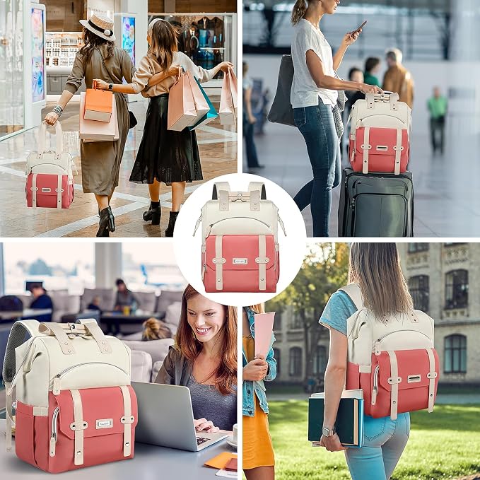 FALANKO Laptop Backpack for Women,Teacher Doctor Nurse Work Purse Bag for 15.6 Inch Laptop, Wide Open backpack With RFID Pocket, Large Water Resistant Travel Backpack White-Pink - Image 6