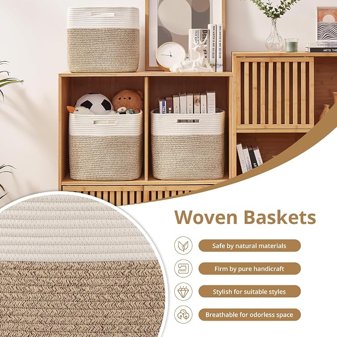 OIAHOMY 13 Inch Cube Storage Bins, 3-Pack Cotton Rope Woven Baskets for Organizing, Insert Storage Baskets for Shelves, Baby Nursery, Closet Organizer, 13 * 13 * 12.6IN, Brown & White - Image 5