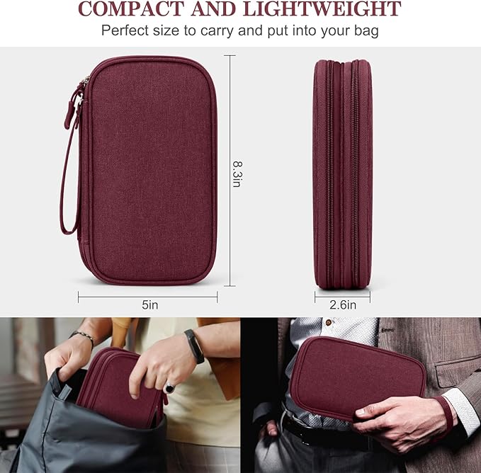 FYY Electronic Organizer, Travel Tech Pouch Bag, Medium, Wine Red | Wrist Strap, Waterproof, Double Layers Portable Electronics Travel Carrying Case for Cord, Charger, Daily Business Trips Use - Image 2