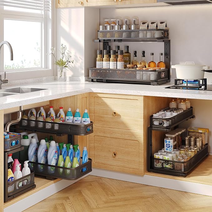 2 Pack 21.3IN-Depth Under Sink Organizer with Smooth Cylindrical Rail,2-Tier Pull Out Multi-Purpose Cabinet Storage for Bathroom&Kitchen,Height Adjustable,Rust-Resistant Coating-Black - Image 7