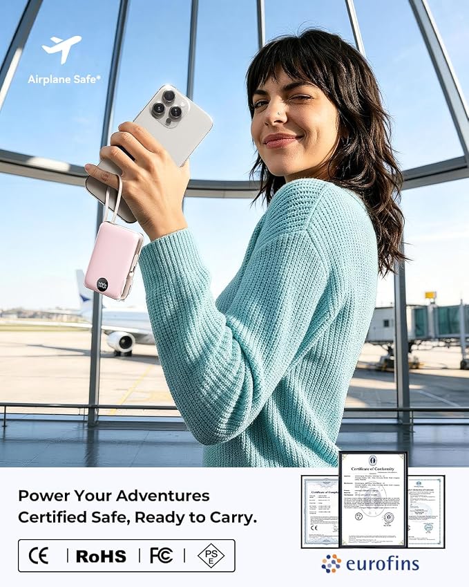 Portable Charger Power Bank 10000mAh, 45% Smaller Built-in Cables & AC Plug | Built-in Cables & AC Plug, 22.5W Fast Charging, 4-Device Charging, Travel Essential, for iPhone, iPad & Samsung Galaxy, Pink - Image 7
