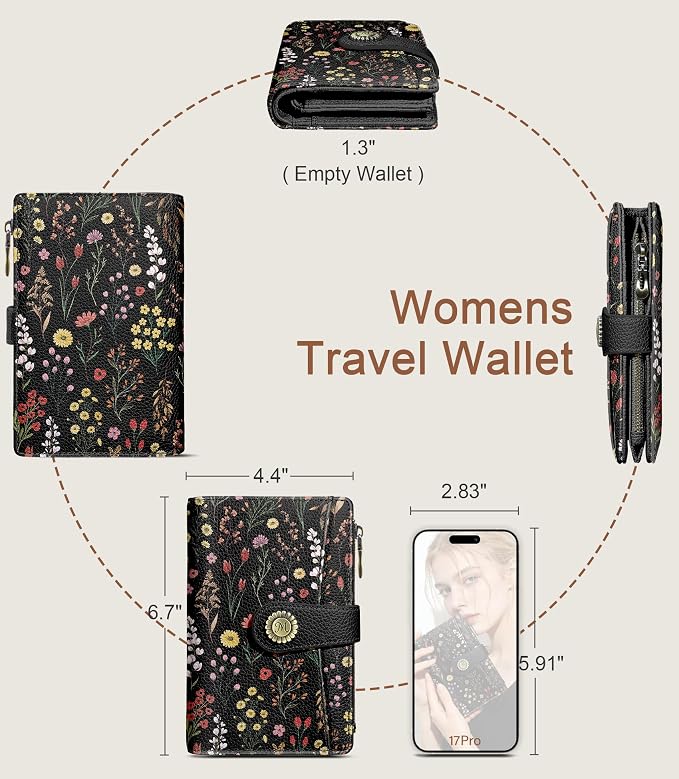 WildFlower Wallet Women RFID, Passport Holder, Credit Card Holder | 6.7" x 4.4" x 1.3" Bifold, Travel billfold, Zipper Pocket, PU Leather, Clutch, Purse, ID Window, Pen Holder, Gift Ladies Girl - Image 5
