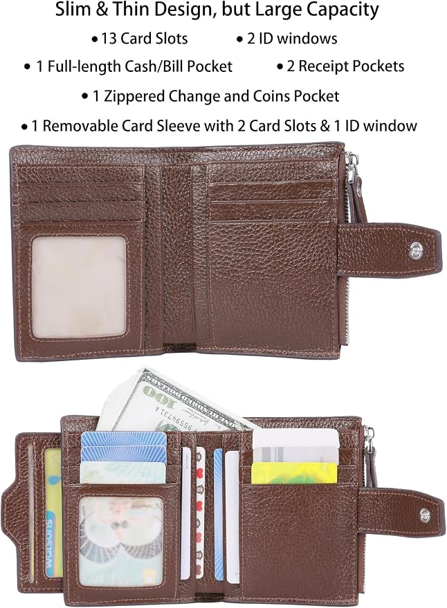 Women's RFID Blocking Leather Small Compact Bi-fold Zipper Pocket Wallet Card Case Purse with id Window - Image 2
