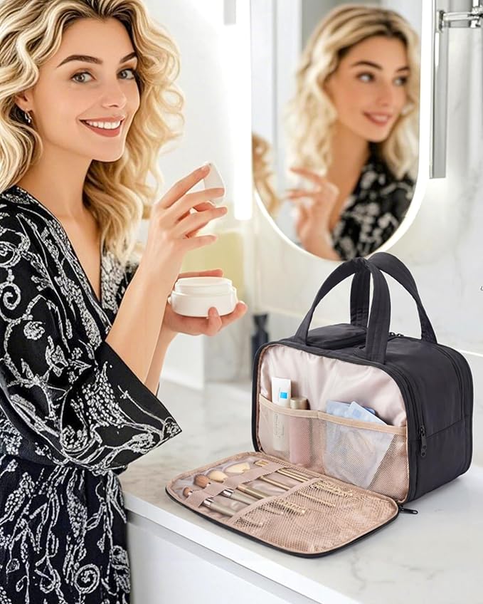 BAGSMART Travel Toiletry Bag, Puffy Large Toiletry Bag for Women, Lightweight Cosmetic Makeup Bag Organizer with Handle for Traveling, Accessories, Essentials, Toiletries (Black) - Image 2