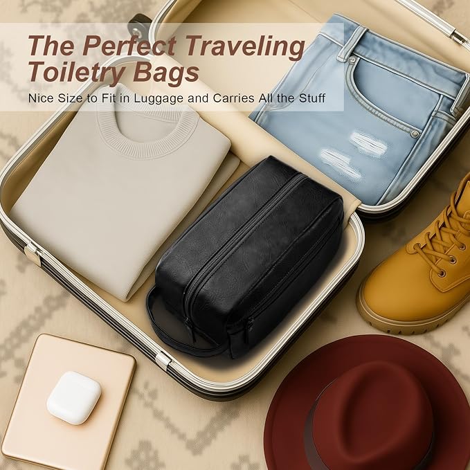 Travel Toiletry Bag for Men and Women, Travel Shaving Dopp Kit Water-resistant Bathroom Toiletries Organizer PU Leather Cosmetic Bags (Black) - Image 6