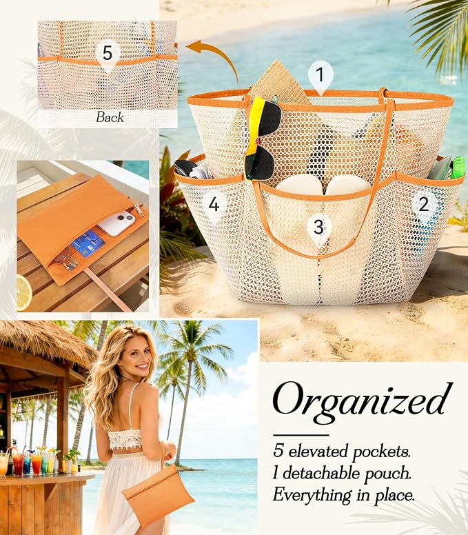 Cruise Essentials Beach Bag for Women, Mesh Tote with Detachable Pouch | Chic Design - Image 5