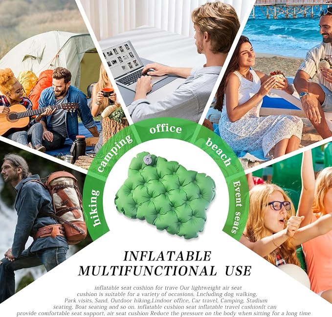 Inflatable seat Cushion-Travel Cushion Lnflatable Portable Air Sitting Pad for Stadium Camping OfficeCan also be used for lumbar and back support Lightweight Waterproof Camp Chair Accessories (Green) - Image 6