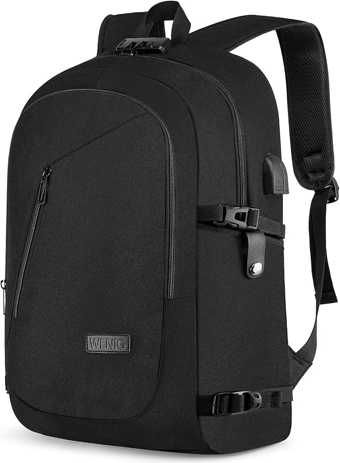 WENIG 17.3 Inch Laptop Backpack,Large Travel Laptop Bag with USB Charging Port, Anti Theft Water Resistant Business Backpack for Men and Women, Durable Big Capacity Heavy Duty Computer Bag,Black by WENIG+