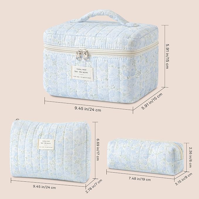 HBselect Quilted Makeup Bag, 3Pcs Cotton Large Travel Makeup Bags Organizer | Cute Floral Make up Bag Cosmetic Bag Toiletry Bag for Women Girls, Makeup Pouch for Skincare, Brushes & Travel Essentials - Image 5