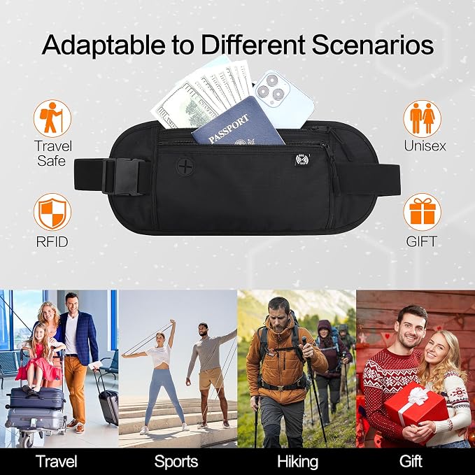 TRAVELSAFE Slim RFID Blocking Money Belt for Travel - Anti-Theft Hidden Passport Holder Waist Wallet with Secure Pouch for Cash, Credit Cards & Phone Safe (B-Black) - Image 4