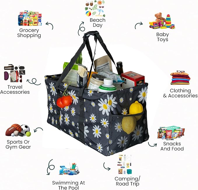 Extra Large Utility Tote Bag - Oversized Collapsible Reusable Wire Frame Rectangular Canvas Basket With Two Exterior Pockets For Beach, Pool, Laundry, Car Trunk, Storage - Black Daisy - Image 3