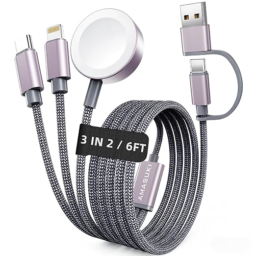 Travel Essentials,3 in 2 USB C Cable for Apple Watch Charger,iPhone Charger,Multi Charging Cable,Cruise Vacation Camping Essentials for iWatch Series 11-2/Ultra,iPhone 17-12,Car Accessories,Grey-6FT by ChargeBeyondPowerWithin