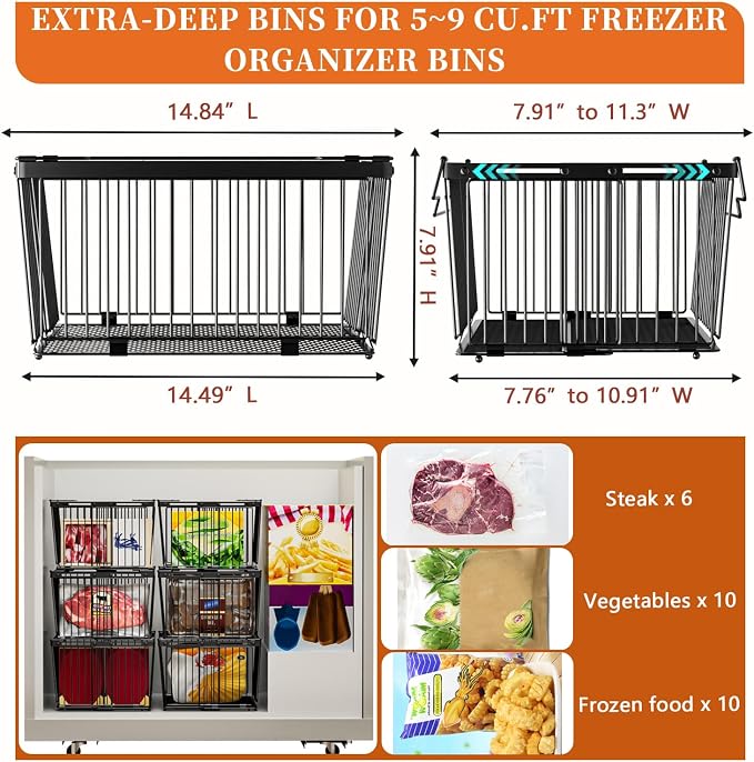 Large Freezer Organizer Bins for 5 to 9 Cu.Ft,Leak-Proof Bottom，5Pack | ANJUBANFreezer Organizer Bins, Stackable,expandable,foldable,With handle Wire Storage Container Baskets for Sort Frozen Meats - Image 4