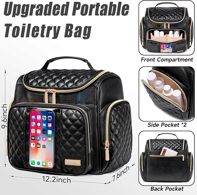 Large Leather Toiletry Bag for Women Men,Bathroom Bag,Water Resistant Shower Bag,Makeup Bag,Portable Shower Caddy for College Dorm,Hanging Travel Toiletry Bag with Transparent Waterproof Phone Pocket - Image 4