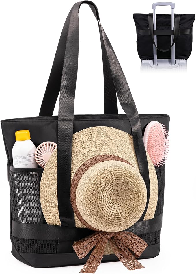 Large Beach Tote Pool Swim Bag for Women Sandproof with Wet Compartment | Waterproof 8 Multi-Pockets | Zipper Closure | Ideal for Travel, Cruise, Vacation, Picnic | Light & Quick-Dry Mesh by Elmklare