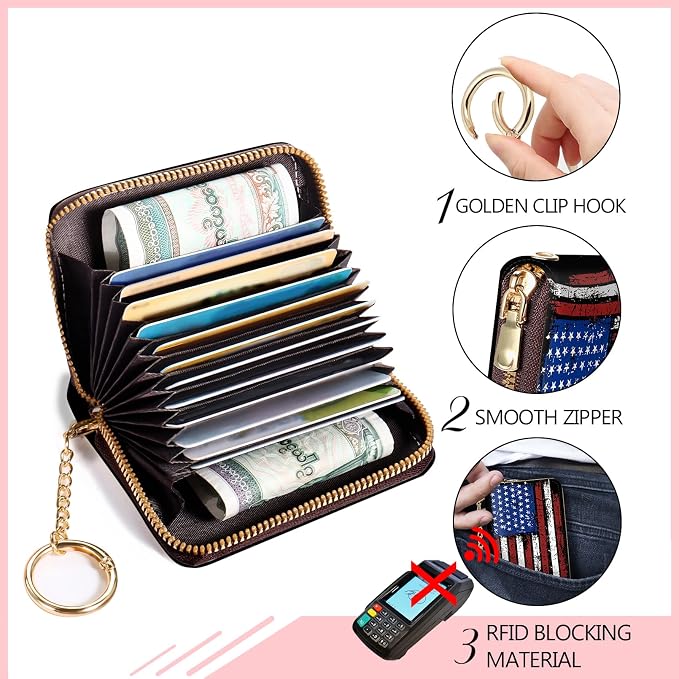Blusabaca Women's RFID-Blocking American Flag Wallet, Leather, 12 Card Slots, 2 Coins, Zipper Closure, Waterproof | Removable Keychain, Case with Zipper, Vegan PU Leather, Cash Coin Pocket, Business Accordion Purse, Ladies Female Gift - Image 4